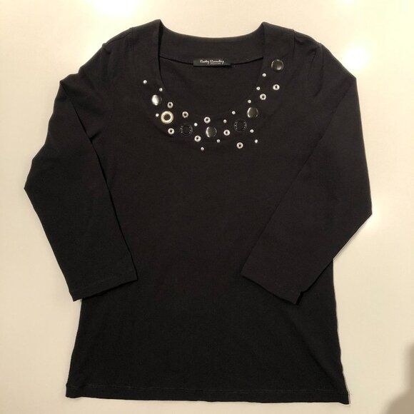 Betty Barclay Scoop Neck 3/4 Sleeve Top with Circle Detail Black + Silver Sz 8 - Picture 1 of 10